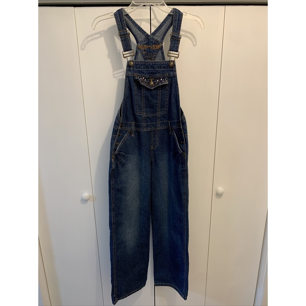VTG‎ Squeeze Kids Blue Denim Jean Overalls Girls LARGE 12/14 ~ RHINESTONES
